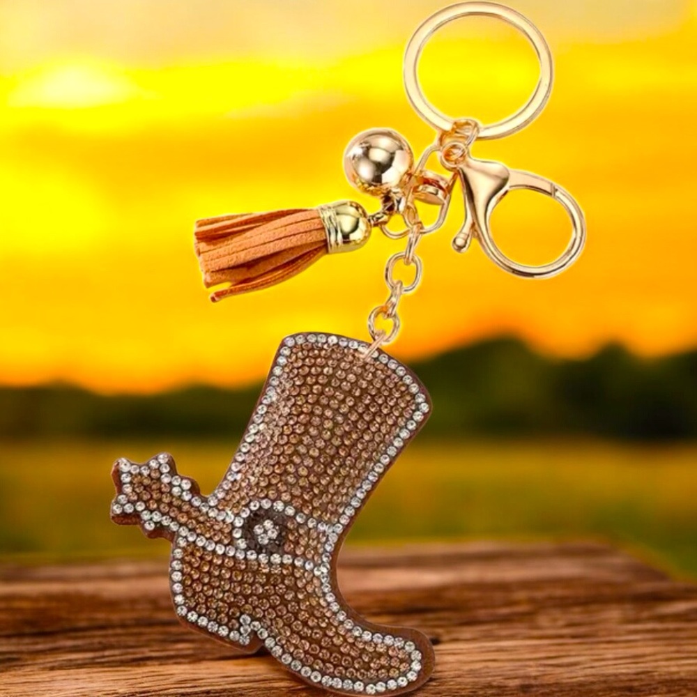 Cowgirl Boot, Gold & Brown Rhinestone-Encrusted Key Chain, Bag, & Car Charm - Picture 4 of 4